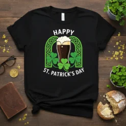 Happy St. Patrick's Day t-shirt design with a pint of beer, clovers, and Celtic knot border