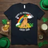 Happy St. Patrick's Day Lucky Dog t-shirt design with a Golden Retriever, rainbow, gold coins, and shamrocks