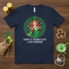 Happy St. Patrick's Day Lucky Mermaid text with a cartoon mermaid wearing a leprechaun hat holding a pot of gold