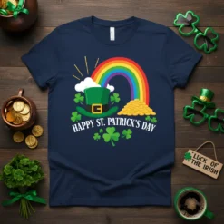 Happy St. Patrick's Day t-shirt with a rainbow, green leprechaun hat, pot of gold, and clovers
