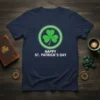 Navy blue t-shirt with "HAPPY ST. PATRICK'S DAY" text and a green shamrock inside a Celtic knot border