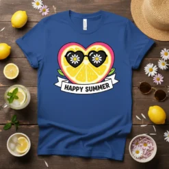 Happy Summer t-shirt design featuring a heart-shaped lemon wearing black sunglasses with daisy patterns