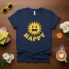 Retro happy sun graphic with the word HAPPY in yellow bubble letters on a navy t-shirt