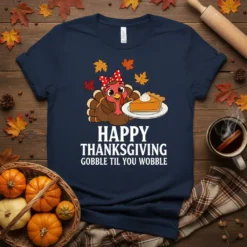 Happy Thanksgiving Gobble Til You Wobble t-shirt with a cute cartoon turkey and pumpkin pie graphic