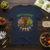 Happy Tu B'Shvat T-Shirt with diverse children holding hands around a circle of trees and fruit, celebrating the Jewish holiday