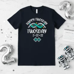 Happy Twosday Twosday 2 22 22 text with DNA graphic on a navy t-shirt