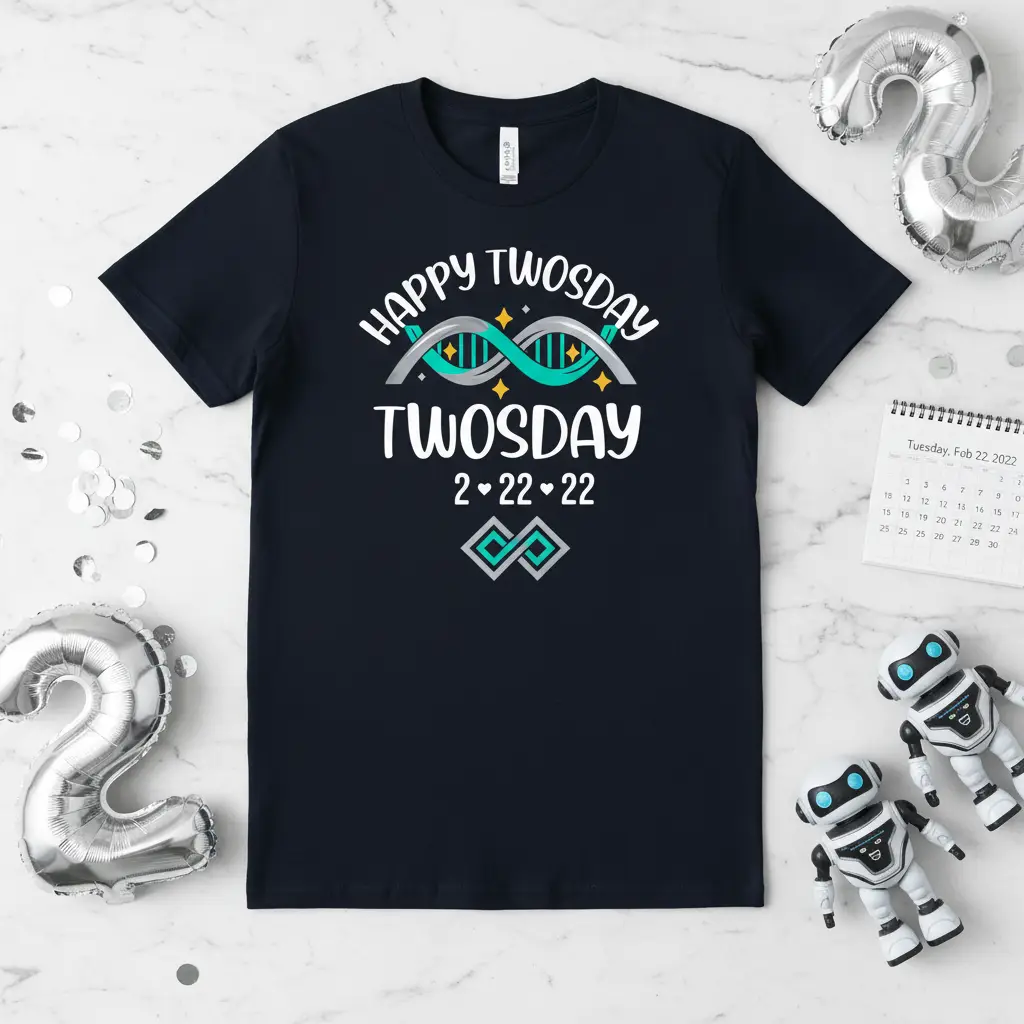Happy Twosday Twosday 2 22 22 text with double helix DNA graphic on a dark t-shirt
