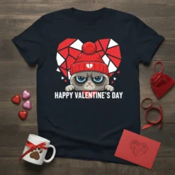 Happy Valentine's Day text with a grumpy cat wearing a red beanie on a dark t-shirt