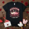 Happy Valentine's Day I Love You text with three cute chickens and hearts on a black t-shirt
