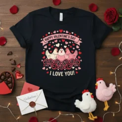 Happy Valentine's Day I Love You text with three cute chickens and hearts on a black t-shirt