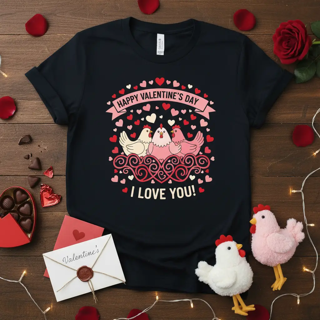 Happy Valentine's Day I Love You quote with cute chickens and hearts on a festive t-shirt graphic