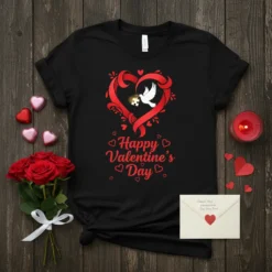 Black t-shirt with red "Happy Valentine's Day" text, a white dove holding a puzzle piece, and a red heart ribbon