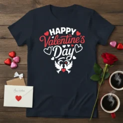 Happy Valentine's Day text design with hearts and doves on a navy t-shirt