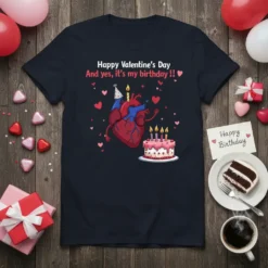 Happy Valentine's Day And Yes, It's My Birthday T-Shirt with a cartoon anatomical heart wearing a party hat and holding