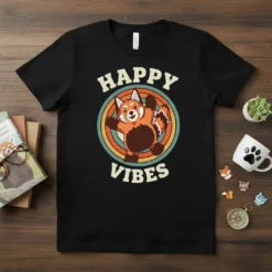 Happy Vibes T-Shirt with a retro design featuring a cheerful red panda illustration and text