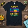 Happy Vibesss text above a retro sunset with palm tree and birds, on a dark t-shirt