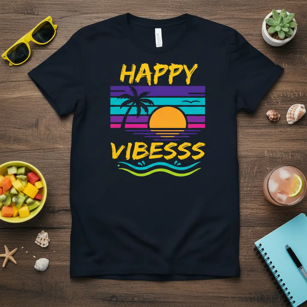 Happy Vibesss Retro Sunset Palm Tree T-Shirt