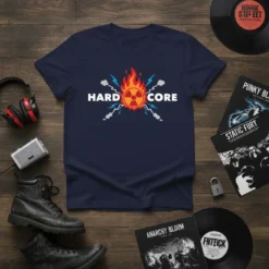 Hard Core t-shirt design featuring white text and a flaming radiation symbol with lightning bolts