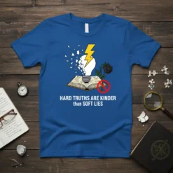 Hard Truths Are Kinder Than Soft Lies quote on a blue t-shirt with a broken lightbulb and black rose graphic