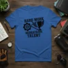 Hard Work Beats Talent quote with gear and trophy graphic on blue t-shirt