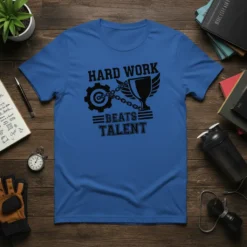 Hard Work Beats Talent quote with gear and trophy graphic on blue t-shirt