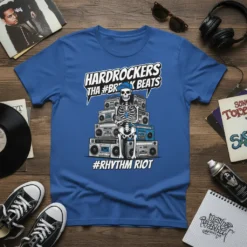 Hardrockers Tha #Break Beats #Rhythm Riot t-shirt design featuring a skeleton DJ on boomboxes