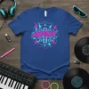 Blue t-shirt with neon pink and cyan HARDTEK4 logo featuring speakers, lightning bolts, and gear elements