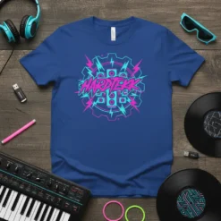 Blue t-shirt with neon pink and cyan HARDTEK4 logo featuring speakers, lightning bolts, and gear elements