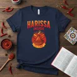 Harissa Inside Est. Flavor T-Shirt with a graphic of a tajine pot surrounded by flames