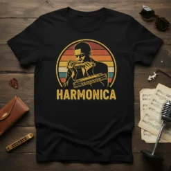 Harmonica Player Vintage Retro Sunset stylish graphic design printed on comfortable cotton t-shirt
