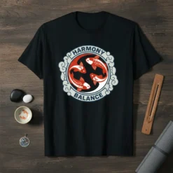 Harmony Balance design on a black t-shirt featuring four koi fish in a yin yang circle with clouds