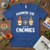 Harmony Day With My Gnomies t-shirt design featuring two gnomes, peace symbols, musical notes, and rainbow accents