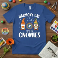 Harmony Day With My Gnomies t-shirt design featuring two gnomes, peace symbols, musical notes, and rainbow accents