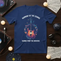 Harmony of the Cosmos Sounds from the Universe text above a cosmic guitar graphic with butterflies and music notes