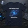T-shirt with the quote "Harnessing Quantum Energy for Infinite Data" and a graphic of a glowing cube surrounded by hexagonal