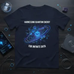 T-shirt with the quote "Harnessing Quantum Energy for Infinite Data" and a graphic of a glowing cube surrounded by hexagonal