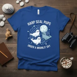 Harp Seal Pups Under A Moonlit Sky quote on a blue t-shirt with cute seal graphics and a moon