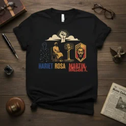 Harriet Rosa Martin Malcolm X tee featuring illustrations of civil rights leaders and their names in bold text