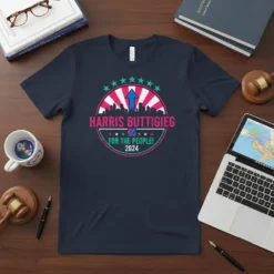Harris Buttigieg For The People! 2024 campaign t-shirt design with circular graphic, cityscape, and upward arrow