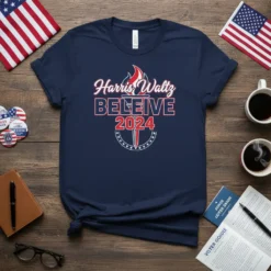 Navy blue t-shirt with "Harris Waltz BELIEVE 2024" text and a torch graphic, designed for political campaign support
