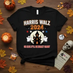 Harris Walz 2024 Or Else It'll Be Really Scary Halloween political t-shirt design featuring a haunted house, ghosts, and bats
