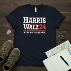 Navy blue t-shirt with "Harris Walz '24 We're Not Going Back" text in white and red, political campaign slogan