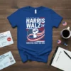 Blue t-shirt with "HARRIS WALZ '24 WHEN WE FIGHT WE WIN" text and raised fist graphic