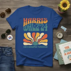 Harris Walz '24 For A Brighter Tomorrow t-shirt with retro sunburst graphic and campaign slogan