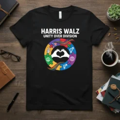 Black t-shirt with "HARRIS WALZ UNITY OVER DIVISION" text and a circular design of puzzle pieces, peace sign, gender symbols