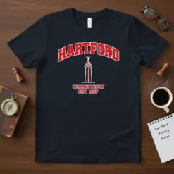 Hartford Connecticut Est. 1637 t-shirt design with arched text and a central monument graphic in red and white