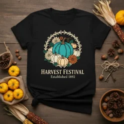 Harvest Festival Established 1892 t-shirt design with teal and cream pumpkins, white and orange flowers, and a wreath border