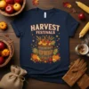 Navy blue t-shirt with "Harvest Festivals" text and a graphic of a barrel overflowing with pumpkins, corn, and wheat