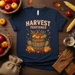 Navy blue t-shirt with "Harvest Festivals" text and a graphic of a barrel overflowing with pumpkins, corn, and wheat
