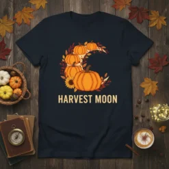 Harvest Moon t-shirt with a crescent moon filled with pumpkins and fall leaves, text below says HARVEST MOON